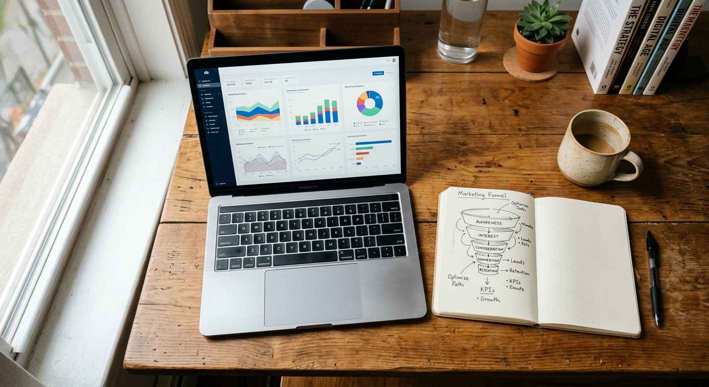 An agency owner's desk with a laptop showing analytics next to a notebook sketch of a sales funnel