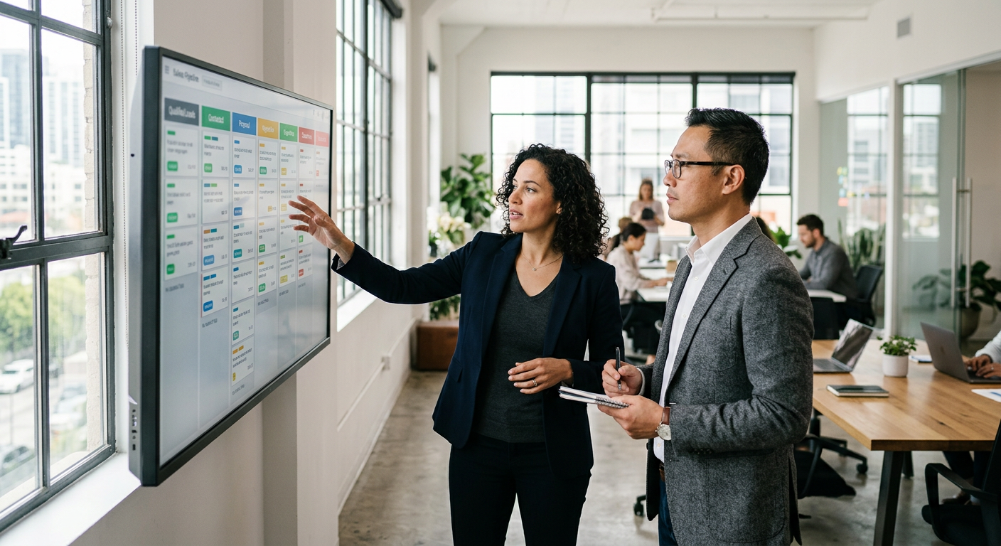 Two agency leaders reviewing a sales pipeline board on a wall monitor